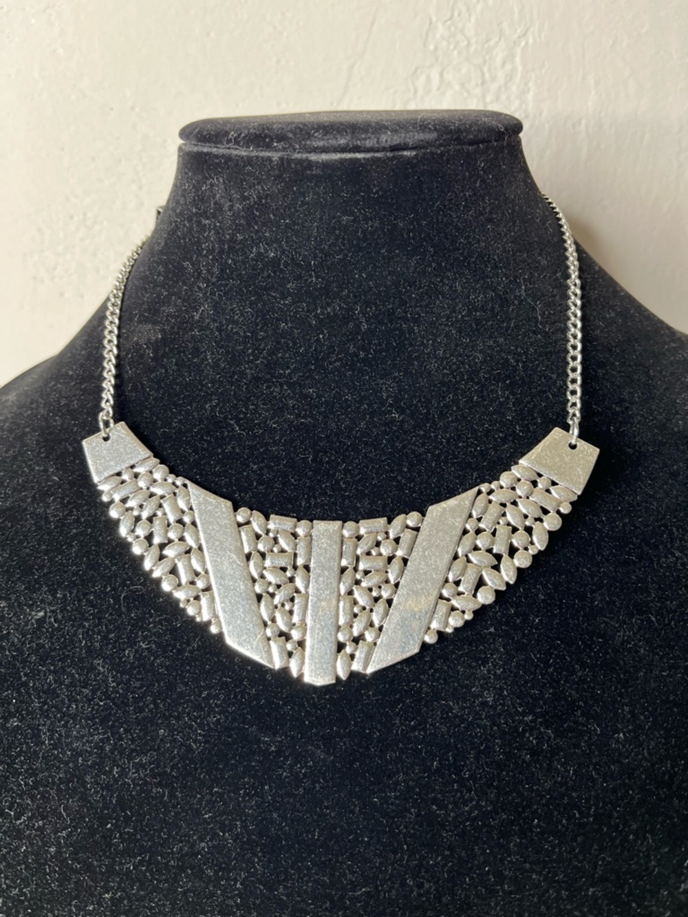 Textured Silver Panel Bib Necklace for Women